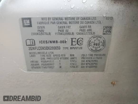 2013 Chevrolet Equinox LS с VIN 2GNFLCEK5D6280659, выставлен на аукционе Copart как лот 66170085 с пробегом 226 174 миль миль и Списание • Salvage title. История ставок и продаж доступна на DreamBid. Изображение 14.