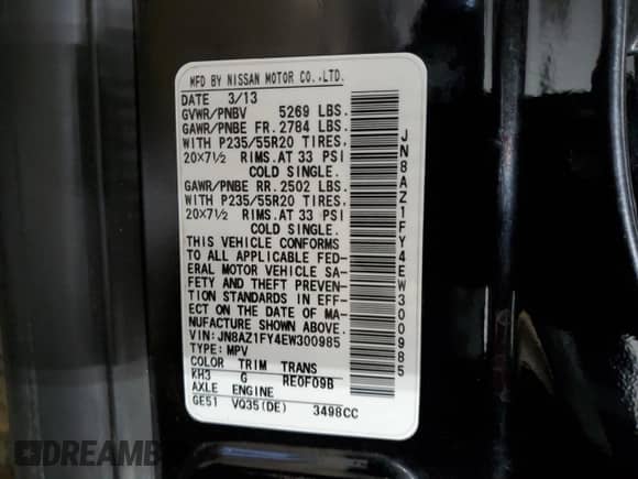 2014 Nissan Murano with VIN JN8AZ1FY4EW300985, listed as a Copart auction lot 59466065 with 104,226 mi miles and Salvage title. Bid and sale history available at DreamBid. Image 13.