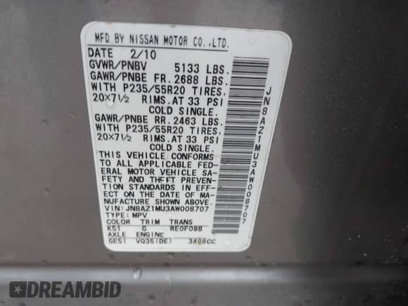 2010 Nissan Murano SL с VIN JN8AZ1MU3AW008707, выставлен на аукционе IAAI как лот 42387052 с пробегом 220 542 миль миль и . История ставок и продаж доступна на DreamBid. Изображение 9.