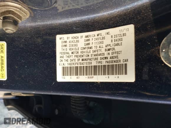 2014 Honda Accord EX-L with VIN 1HGCR3F87EA015356, listed as a IAAI auction lot 41839808 with 266,343 mi miles and . Bid and sale history available at DreamBid. Image 9.