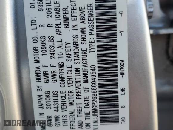 2008 Honda Accord EX-L z VIN JHMCP26888C049540, wystawiony jako Copart lot #90683245 z przebiegiem 182 075 mil mil oraz Czysty tytuł • Clean title. Historia ofert i sprzedaży dostępna na DreamBid. Obrazek 13.