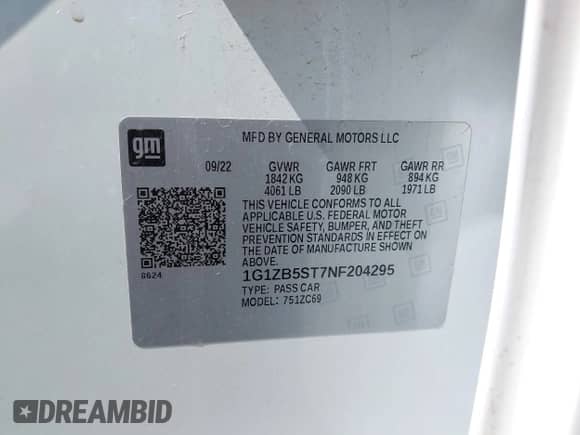 2022 Chevrolet Malibu LS with VIN 1G1ZB5ST7NF204295, listed as a IAAI auction lot 43076356 with 41,249 mi miles and . Bid and sale history available at DreamBid. Image 9.