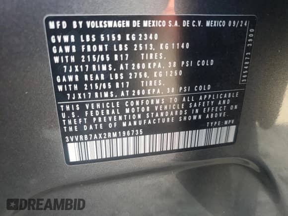 2024 Volkswagen Tiguan S с VIN 3VVRB7AX2RM196735, выставлен на аукционе Copart как лот 62285995 с пробегом 27 135 миль миль и Списание • Salvage title. История ставок и продаж доступна на DreamBid. Изображение 14.