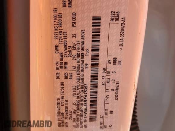 2024 Ford F-150 Lariat с VIN 1FTFW5L58RFA75357, выставлен на аукционе Copart как лот 58358555 с пробегом 5 849 миль миль и Списание • Salvage title. История ставок и продаж доступна на DreamBid. Изображение 12.