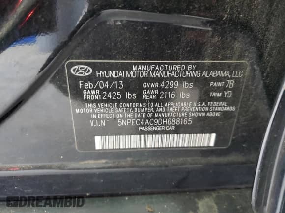 2013 Hyundai Sonata SE с VIN 5NPEC4AC9DH688165, выставлен на аукционе Copart как лот 85355185 с пробегом 119 220 миль миль и Списание • Salvage title. История ставок и продаж доступна на DreamBid. Изображение 12.