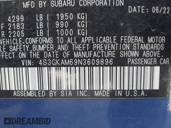 2022 Subaru Impreza Special Sports with VIN 4S3GKAM69N3609896, listed as a IAAI auction lot 43112704 with 30,790 mi miles and . Bid and sale history available at DreamBid. Image 9.