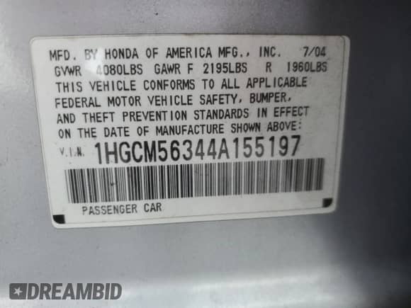 2004 Honda Accord LX z VIN 1HGCM56344A155197, wystawiony jako Copart lot #82341925 z przebiegiem 181 785 mil mil oraz Szkoda całkowita • Salvage title. Historia ofert i sprzedaży dostępna na DreamBid. Obrazek 12.