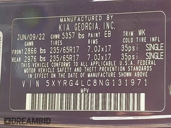 2022 Kia Sorento LX with VIN 5XYRG4LC8NG131971, listed as a IAAI auction lot 40615454 with 49,000 mi miles and . Bid and sale history available at DreamBid. Image 9.