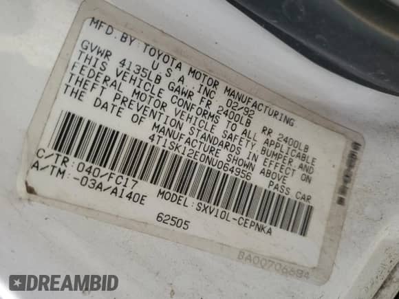 1992 Toyota Camry LE с VIN 4T1SK12E0NU064956, выставлен на аукционе Copart как лот 50665925 с пробегом 228 909 миль миль и Списание • Salvage title. История ставок и продаж доступна на DreamBid. Изображение 15.