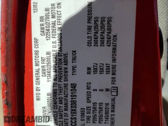 2003 Chevrolet S-10 LS with VIN 1GCCS19X038191048, listed as a Copart auction lot 80164935 with 103,558 mi miles and Salvage title. Bid and sale history available at DreamBid. Image 12.