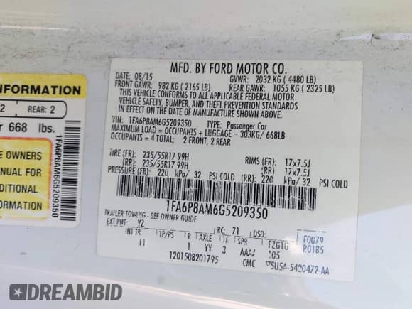 2016 Ford Mustang V6 z VIN 1FA6P8AM6G5209350, wystawiony jako IAAI lot #43547664 z przebiegiem 212 230 mil mil oraz . Historia ofert i sprzedaży dostępna na DreamBid. Obrazek 9.