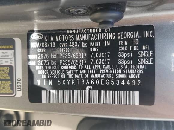 2014 Kia Sorento LX с VIN 5XYKT3A60EG534492, выставлен на аукционе Copart как лот 85546555 с пробегом 79 097 миль миль и На запчасти • Non repairable. История ставок и продаж доступна на DreamBid. Изображение 14.