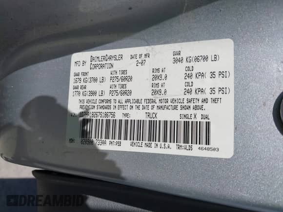 2007 Dodge 1500 SLT with VIN 1D7HA18267S186756, listed as a IAAI auction lot 42295059 with 62,624 mi miles and . Bid and sale history available at DreamBid. Image 9.