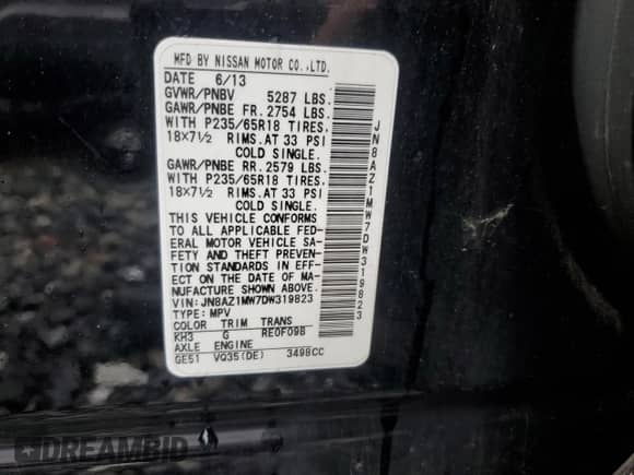 2013 Nissan Murano S с VIN JN8AZ1MW7DW319823, выставлен на аукционе Copart как лот 84444445 с пробегом 143 313 миль миль и Чистый • Clean title. История ставок и продаж доступна на DreamBid. Изображение 13.
