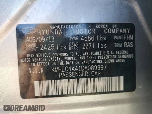 2013 Hyundai Sonata Limited with VIN KMHEC4A41DA089997, listed as a Copart auction lot 85644165 with 193,433 mi miles and Clean title. Bid and sale history available at DreamBid. Image 12.