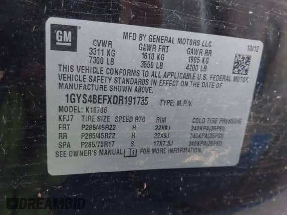 2013 Cadillac Escalade Luxury with VIN 1GYS4BEFXDR191735, listed as a IAAI auction lot 43540164 with 170,207 mi miles and . Bid and sale history available at DreamBid. Image 9.