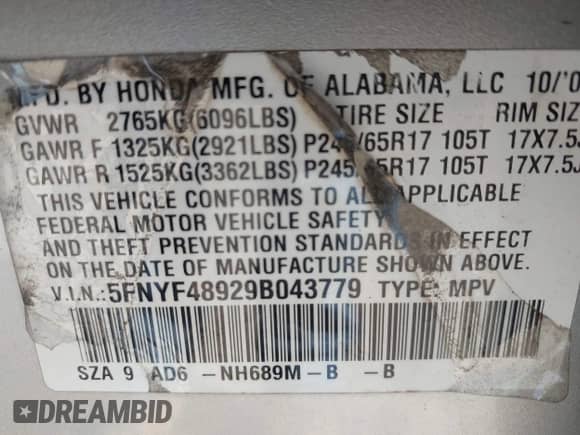 2009 Honda Pilot Touring с VIN 5FNYF48929B043779, выставлен на аукционе IAAI как лот 43044349 с пробегом 197 551 миль миль и . История ставок и продаж доступна на DreamBid. Изображение 9.