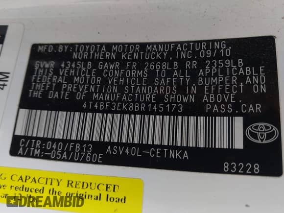 2011 Toyota Camry LE with VIN 4T4BF3EK8BR145173, listed as a IAAI auction lot 42885740 with 294,907 mi miles and . Bid and sale history available at DreamBid. Image 9.