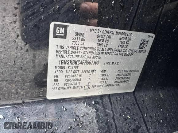 2015 Chevrolet Tahoe LT z VIN 1GNSKBKC4FR56770, wystawiony jako Copart lot #81129645 z przebiegiem 203 448 mil mil oraz Czysty tytuł • Clean title. Historia ofert i sprzedaży dostępna na DreamBid. Obrazek 10.