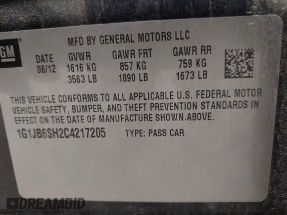 2012 Chevrolet Sonic LS with VIN 1G1JB6SH2C4217205, listed as a IAAI auction lot 43360675 with 101,863 mi miles and . Bid and sale history available at DreamBid. Image 9.