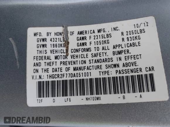 2013 Honda Accord EX z VIN 1HGCR2F77DA051001, wystawiony jako IAAI lot #42312868 z przebiegiem 159 898 mil mil oraz . Historia ofert i sprzedaży dostępna na DreamBid. Obrazek 9.