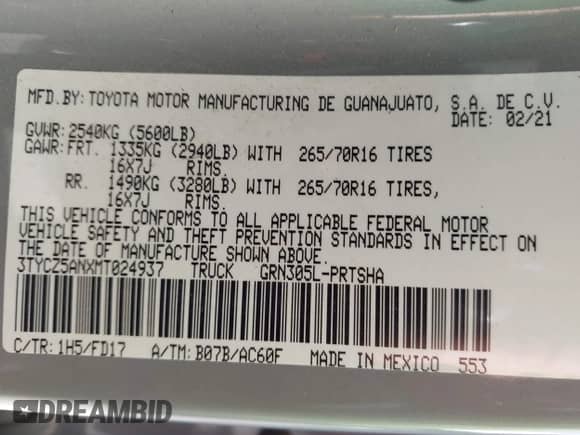2021 Toyota Tacoma SR with VIN 3TYCZ5ANXMT024937, listed as a IAAI auction lot 43314888 with 77,580 mi miles and . Bid and sale history available at DreamBid. Image 9.