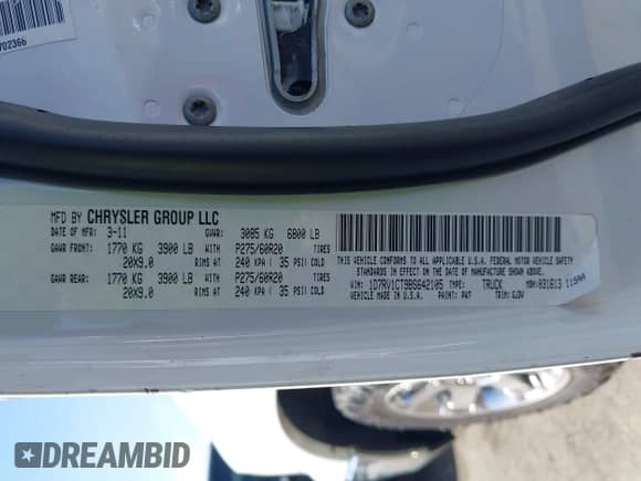 2011 Ram 1500 Big Horn with VIN 1D7RV1CT9BS642105, listed as a IAAI auction lot 42093144 with 221,032 mi miles and . Bid and sale history available at DreamBid. Image 9.