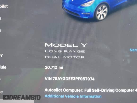 2023 Tesla Model Y Long Range with VIN 7SAYGDEE3PF957974, listed as a IAAI auction lot 43275987 with 20,712 mi miles and . Bid and sale history available at DreamBid. Image 15.
