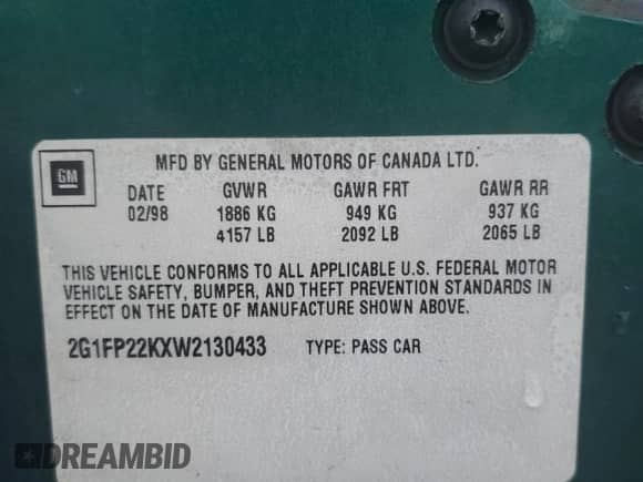 1998 Chevrolet Camaro with VIN 2G1FP22KXW2130433, listed as a Copart auction lot 90858725 with 128,670 mi miles and Clean title. Bid and sale history available at DreamBid. Image 12.