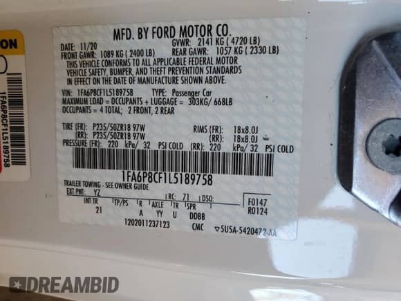 2020 Ford Mustang GT с VIN 1FA6P8CF1L5189758, выставлен на аукционе Copart как лот 83969545 с пробегом 5 057 миль миль и Списание • Salvage title. История ставок и продаж доступна на DreamBid. Изображение 13.