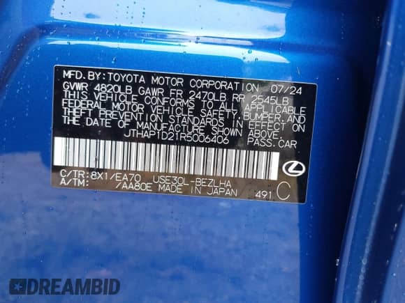 2024 Lexus IS 500 F Sport Performance z VIN JTHAP1D21R5006406, wystawiony jako IAAI lot #42942550 z przebiegiem 8 675 mil mil oraz . Historia ofert i sprzedaży dostępna na DreamBid. Obrazek 9.