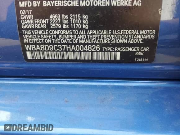 2017 BMW 3 Series 330i xDrive with VIN WBA8D9C37HA004826, listed as a Copart auction lot 84215645 with 122,332 mi miles and Salvage title. Bid and sale history available at DreamBid. Image 12.