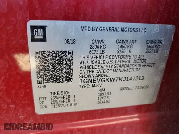 2019 Chevrolet Traverse LT Cloth с VIN 1GNEVGKW7KJ147213, выставлен на аукционе Copart как лот 71449285 с пробегом 93 396 миль миль и Списание • Salvage title. История ставок и продаж доступна на DreamBid. Изображение 13.