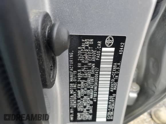 2019 Toyota Camry Hybrid LE с VIN 4T1B31HK5KU006427, выставлен на аукционе Copart как лот 67635565 с пробегом 35 889 миль миль и Списание • Salvage title. История ставок и продаж доступна на DreamBid. Изображение 13.