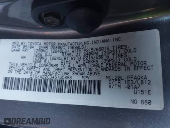 2004 Toyota Sienna XLE z VIN 5TDZA22C34S165888, wystawiony jako IAAI lot #43434586 z przebiegiem 238 214 mil mil oraz . Historia ofert i sprzedaży dostępna na DreamBid. Obrazek 9.