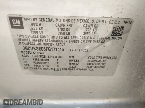 2015 Chevrolet Silverado 1500 LTZ with VIN 3GCUKSEC6FG171415, listed as a IAAI auction lot 41811018 with 171,295 mi miles and . Bid and sale history available at DreamBid. Image 9.