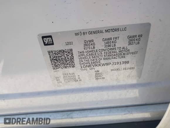 2023 Chevrolet Traverse Premier с VIN 1GNEVKKW9PJ191398, выставлен на аукционе IAAI как лот 42431067 с пробегом 22 464 миль миль и . История ставок и продаж доступна на DreamBid. Изображение 9.