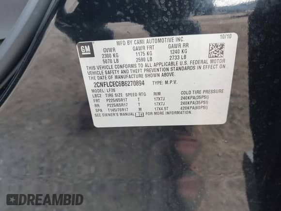 2011 Chevrolet Equinox LS with VIN 2CNFLCEC6B6270894, listed as a IAAI auction lot 43110077 with 128,131 mi miles and . Bid and sale history available at DreamBid. Image 9.
