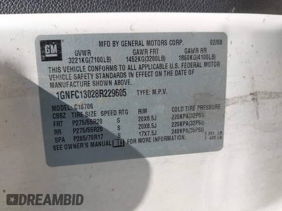 2008 Chevrolet Tahoe 3LT with VIN 1GNFC13028R229605, listed as a IAAI auction lot 42788269 with 154,017 mi miles and . Bid and sale history available at DreamBid. Image 9.