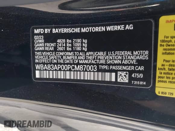 2023 BMW 4 Series M440i с VIN WBA83AP00PCM87003, выставлен на аукционе IAAI как лот 41399998 с пробегом 37 017 миль миль и . История ставок и продаж доступна на DreamBid. Изображение 9.