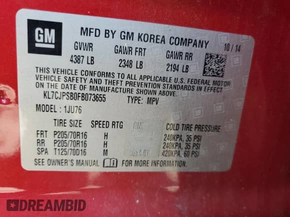 2015 Chevrolet Trax LS с VIN KL7CJPSB0FB073655, выставлен на аукционе Copart как лот 83799865 с пробегом 139 045 миль миль и Списание • Salvage title. История ставок и продаж доступна на DreamBid. Изображение 13.