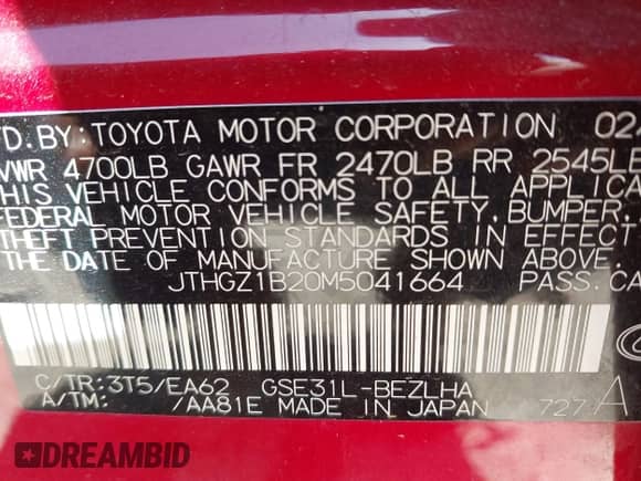 2021 Lexus IS 350 F Sport with VIN JTHGZ1B20M5041664, listed as a IAAI auction lot 42620252 with 51,389 mi miles and . Bid and sale history available at DreamBid. Image 9.