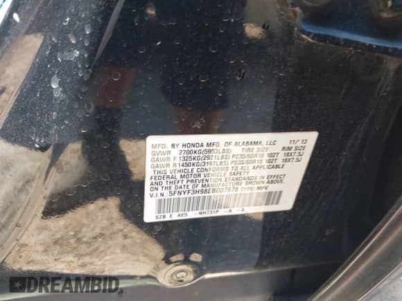 2014 Honda Pilot Touring with VIN 5FNYF3H98EB007678, listed as a IAAI auction lot 43156695 with 246,974 mi miles and . Bid and sale history available at DreamBid. Image 9.