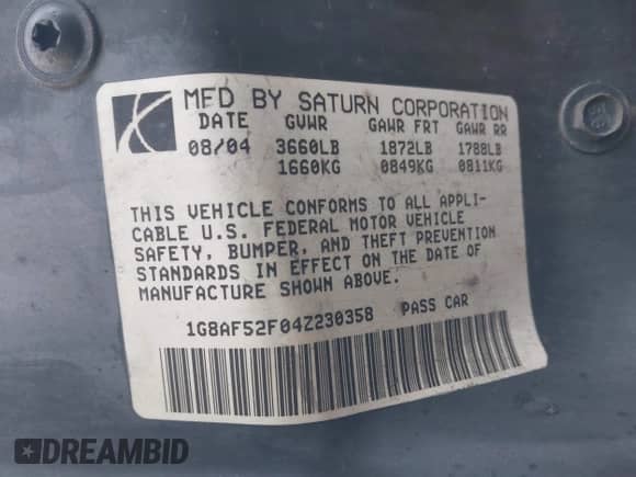 2004 Saturn ION ION 1 with VIN 1G8AF52F04Z230358, listed as a IAAI auction lot 41693635 with 138,889 mi miles and . Bid and sale history available at DreamBid. Image 9.