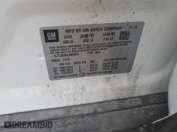 2020 Chevrolet Trax LS with VIN KL7CJKSBXLB064976, listed as a Copart auction lot 61472165 with 25,950 mi miles and Non repairable. Bid and sale history available at DreamBid. Image 12.