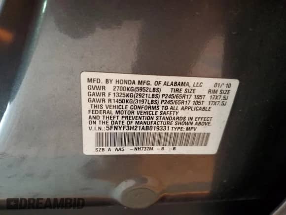 2010 Honda Pilot LX with VIN 5FNYF3H21AB019331, listed as a Copart auction lot 81974225 with 179,692 mi miles and Salvage title. Bid and sale history available at DreamBid. Image 13.