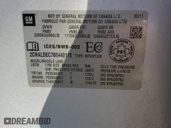 2011 Chevrolet Equinox 1LT с VIN 2CNALDEC7B6440115, выставлен на аукционе Copart как лот 85485865 с пробегом 326 143 миль миль и Списание • Salvage title. История ставок и продаж доступна на DreamBid. Изображение 13.