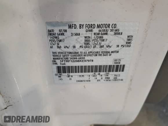 2008 Ford F-150 XL with VIN 1FTRF12298KE97978, listed as a Copart auction lot 69774005 with 164,362 mi miles and Salvage title. Bid and sale history available at DreamBid. Image 12.