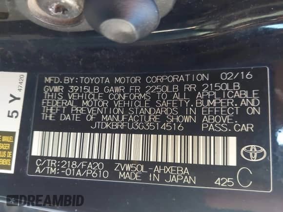 2016 Toyota Prius Two with VIN JTDKBRFU3G3514516, listed as a IAAI auction lot 43529874 with 236,342 mi miles and . Bid and sale history available at DreamBid. Image 9.