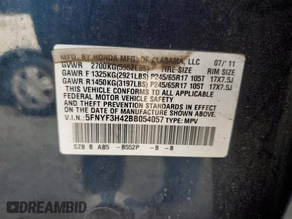 2011 Honda Pilot EX with VIN 5FNYF3H42BB054057, listed as a Copart auction lot 81326385 with Not provided miles and Salvage title. Bid and sale history available at DreamBid. Image 13.